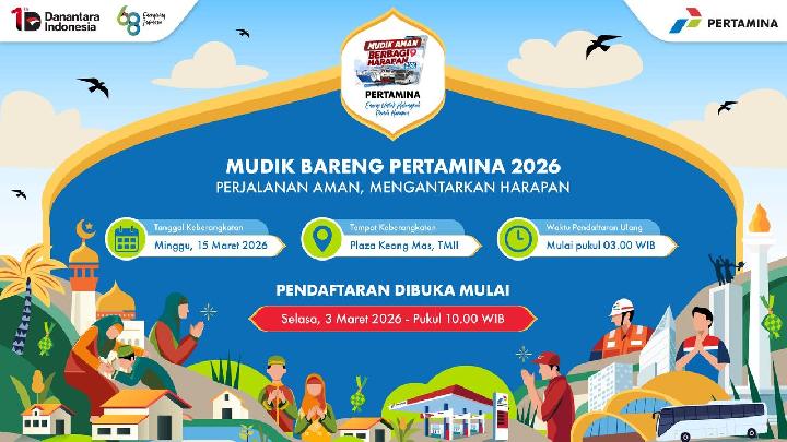 Ilustrasi bus program Mudik Bareng Pertamina mengangkut pemudik ke kampung halaman dengan aman dan nyaman.