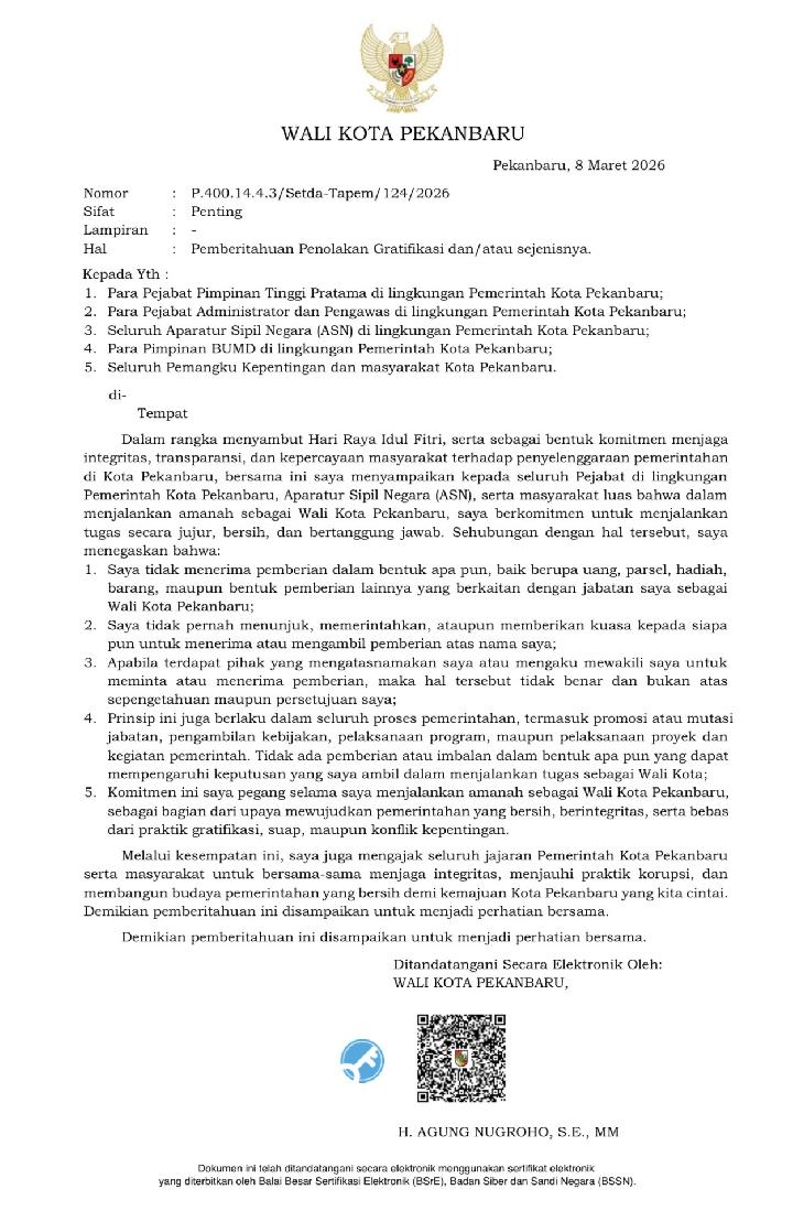 Wali Kota Pekanbaru, Agung Nugroho, saat menyampaikan komitmen integritas pemerintahan.