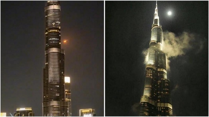 Tim pemadam kebakaran sedang melakukan pendinginan di bagian eksterior Hotel Burj Al Arab, Dubai, pasca insiden kebakaran.