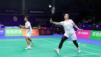 Ganda putri Indonesia, Febriana Dwipuji Kusuma/Meilysa Trias Puspitasari (Ana/Trias), saat bertanding di turnamen bulutangkis. Keduanya terhenti di perempatfinal All England 2026 setelah kalah dari wakil Malaysia.
