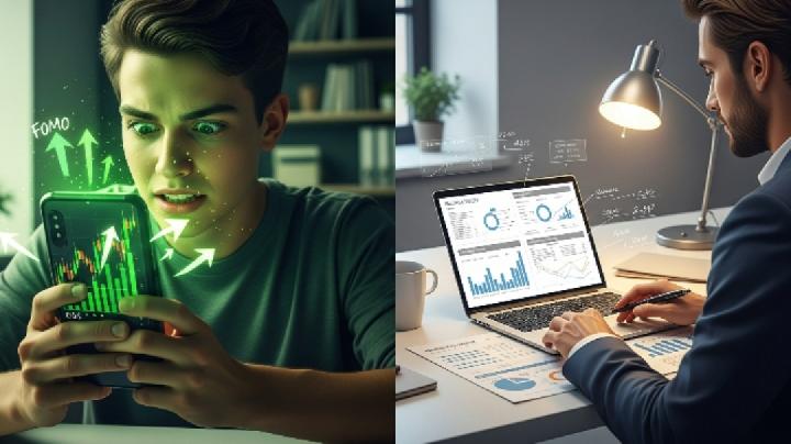 Seorang investor sedang menganalisis grafik data saham di layar komputer, merepresentasikan pentingnya keputusan berbasis data dan analisis fundamental dalam investasi.