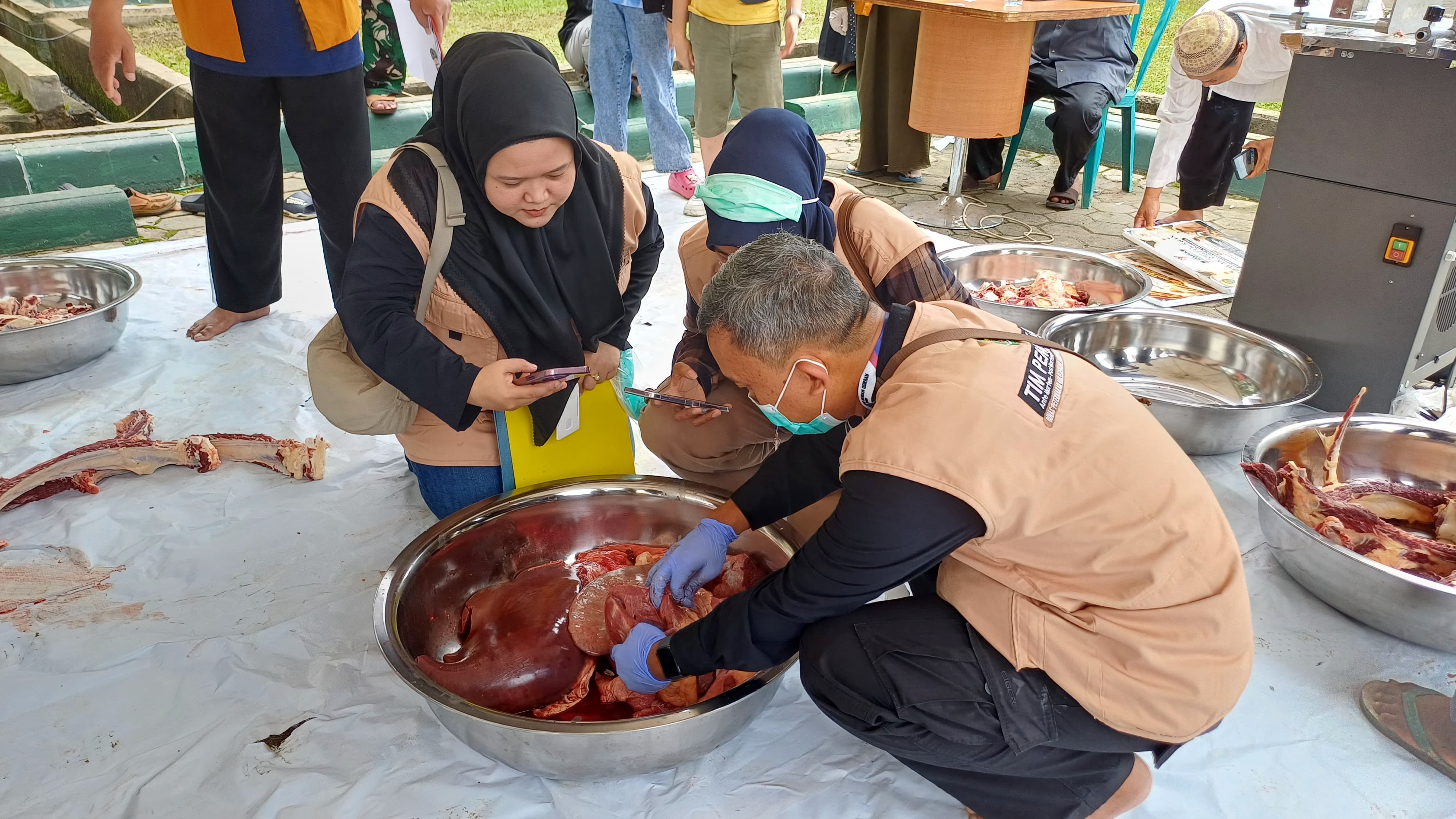 Tim gabungan Dinas Peternakan dan Kesehatan Hewan Provinsi Kalimantan Timur saat melakukan inspeksi kesehatan hewan kurban di salah satu lokasi penjualan menjelang Iduladha.