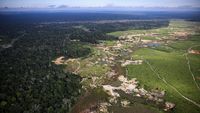 Foto udara menunjukkan area hutan yang rusak akibat operasi tambang ilegal di Amazon, Brasil. Praktik ini seringkali melibatkan pembuangan merkuri ke sungai, membahayakan kehidupan lokal dan ekosistem.