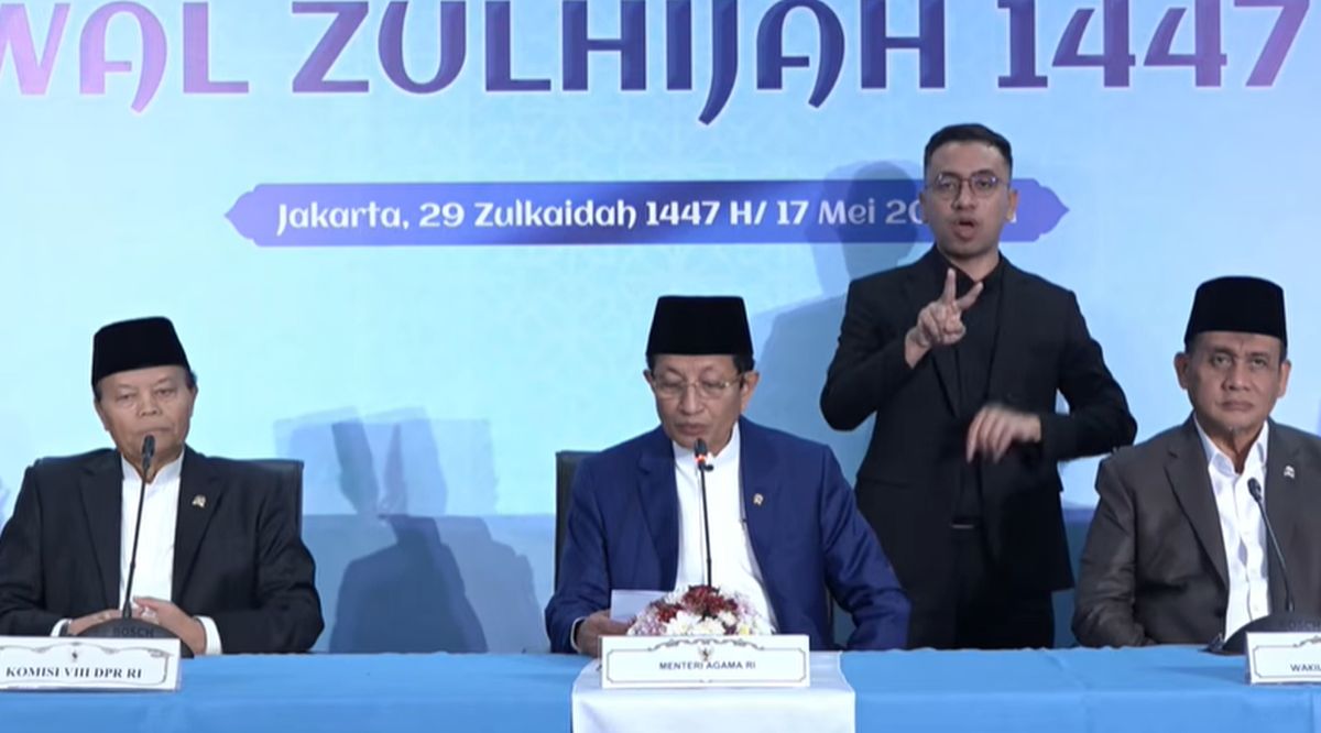 Menteri Agama Nasaruddin Umar saat mengumumkan penetapan Hari Raya Iduladha 1447 Hijriah di Auditorium HM Rasjidi, Jakarta.