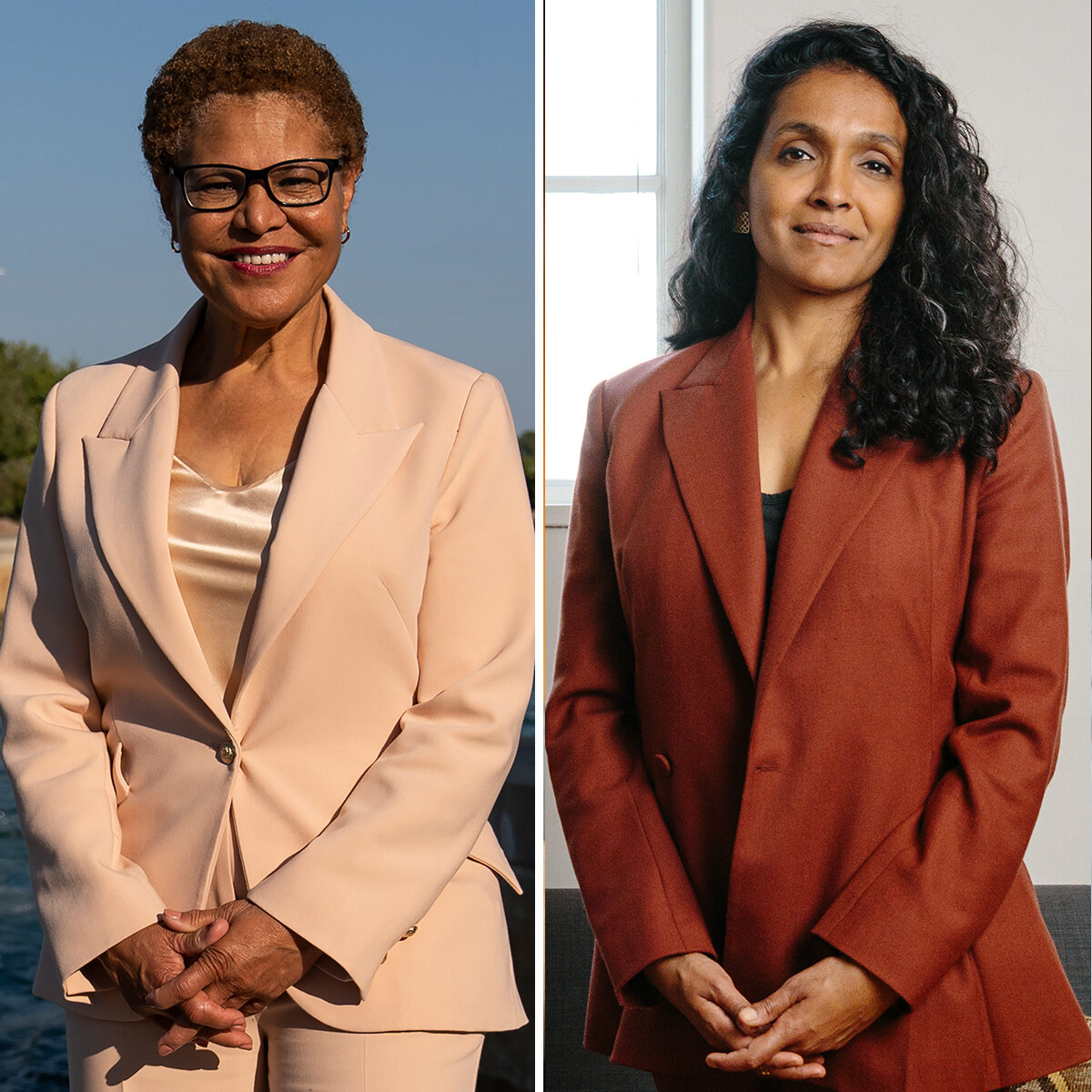 Wali Kota Los Angeles Karen Bass (kiri) dan Nithya Raman (kanan), kandidat yang akan berhadapan dalam Pilkada November mendatang, dalam potret komposit.