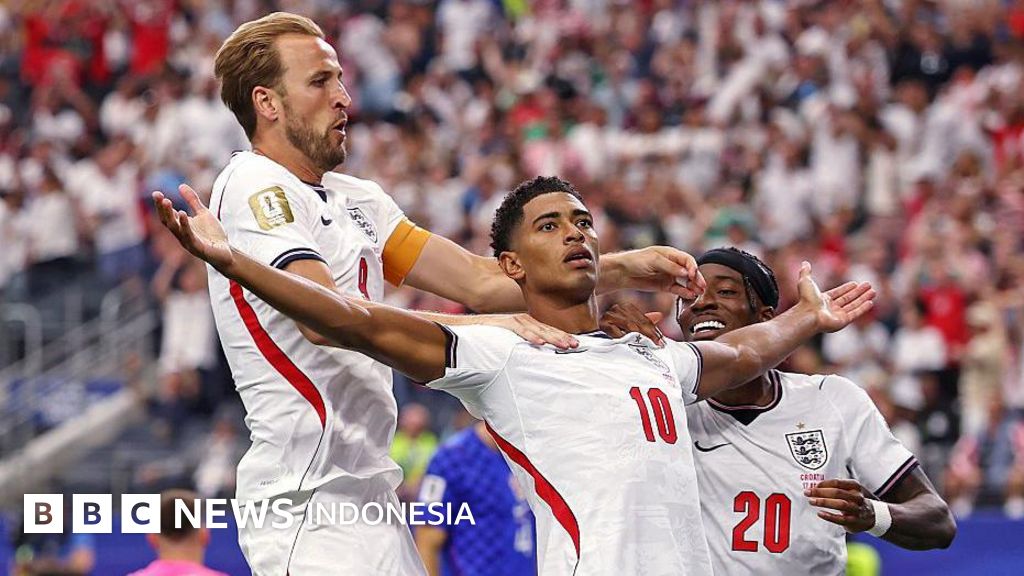 Jude Bellingham merayakan gol penentu kemenangan Inggris ke gawang Norwegia di Stadion Miami, mengantar The Three Lions ke semifinal Piala Dunia 2026.