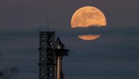 Roket Starship SpaceX berdiri kokoh di landasan peluncuran Starbase, Boca Chica, Texas, sesaat sebelum uji coba penerbangan ke-13 dibatalkan karena masalah mesin.