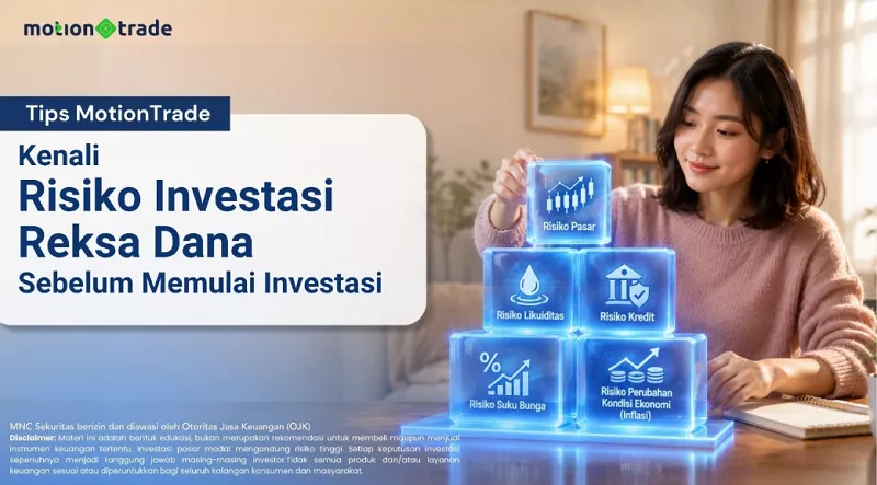 Ilustrasi dokumen reksa dana, grafik pasar modal, dan penyesuaian profil risiko investor.