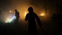 Petugas pemadam kebakaran Prancis berjibaku memadamkan api yang melahap hutan bersejarah di selatan Paris, Senin (13/7). Api telah menghanguskan ribuan hektare lahan dan mengancam permukiman warga.