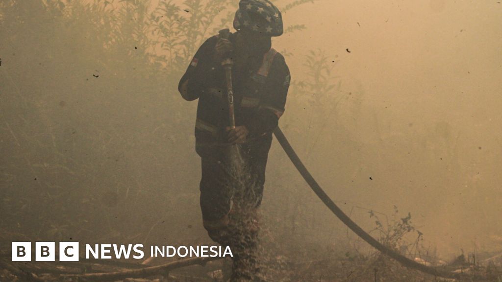 Lanskap Kalimantan yang dipenuhi titik api dan kabut asap, merefleksikan warisan kebijakan pembangunan era Orde Baru yang rentan terhadap kebakaran.