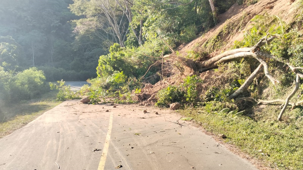 Personel dan alat berat BPJN NTT membersihkan material longsoran untuk membuka kembali akses jalan pasca gempa.