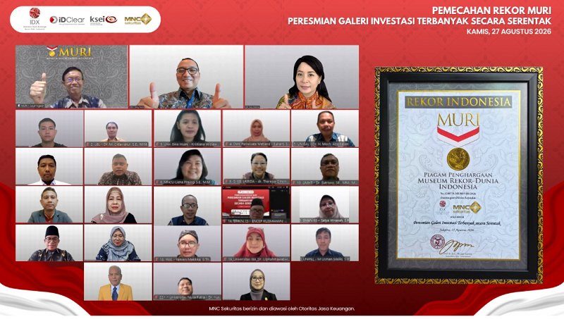 PT Bursa Efek Indonesia (BEI) dan PT MNC Sekuritas meresmikan Galeri Investasi terbanyak secara serentak, memecahkan rekor MURI, sebagai bagian dari komitmen peningkatan literasi dan inklusi keuangan di Indonesia.