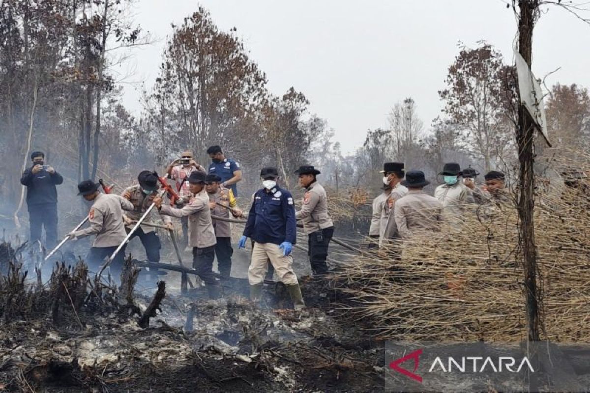 Petugas Polda Kalteng menggunakan inovasi cairan surfaktan nabati untuk memadamkan titik api kebakaran lahan di Palangka Raya, sebuah langkah maju dalam penanganan Karhutla yang ramah lingkungan.