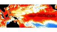 Ilustrasi anomali suhu permukaan laut di Samudra Pasifik (El Nino) dan Samudra Hindia (IOD positif) yang berinteraksi, memicu pola cuaca ekstrem.