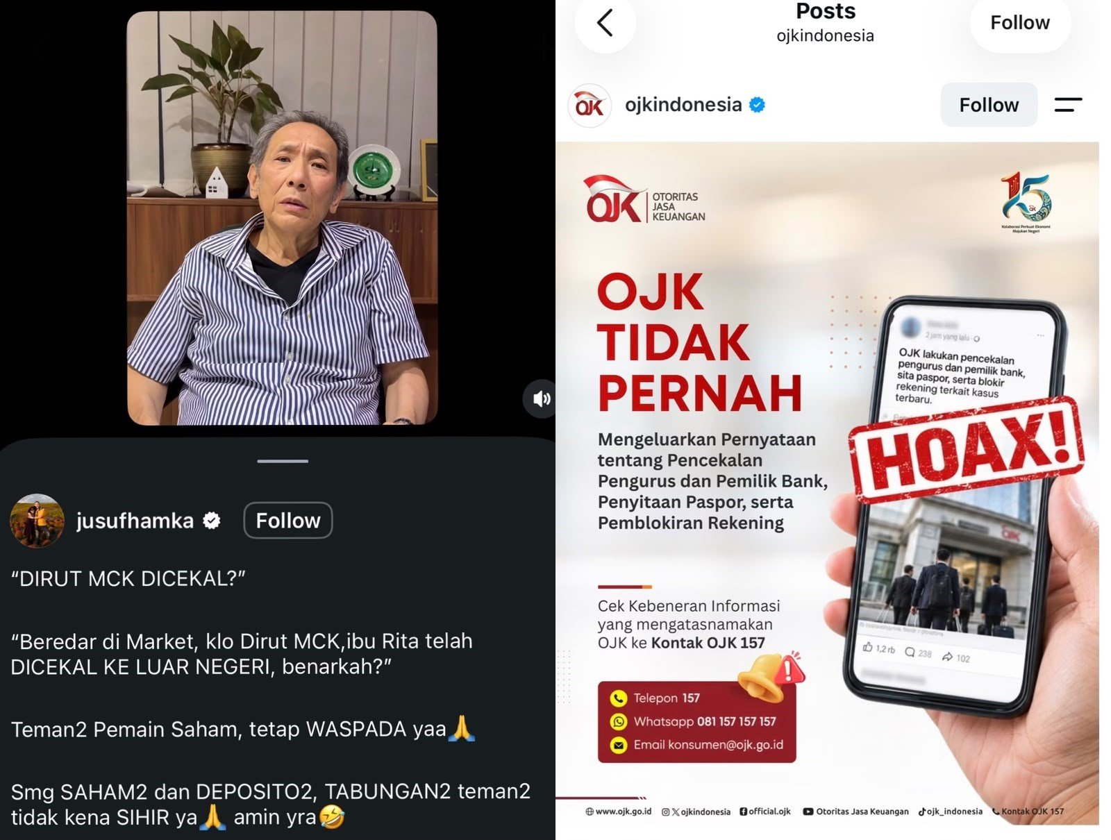 Otoritas Jasa Keuangan (OJK) menegaskan komitmennya dalam memerangi hoaks dan penipuan yang mengatasnamakan lembaga, seraya meningkatkan literasi keuangan masyarakat.